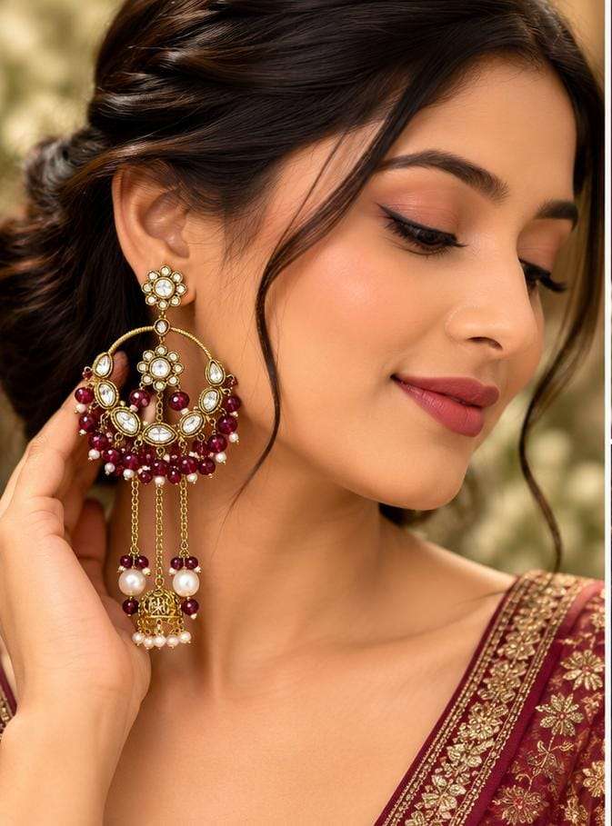 Traditional Maroon Kundan Chandbali earrings in Berlin