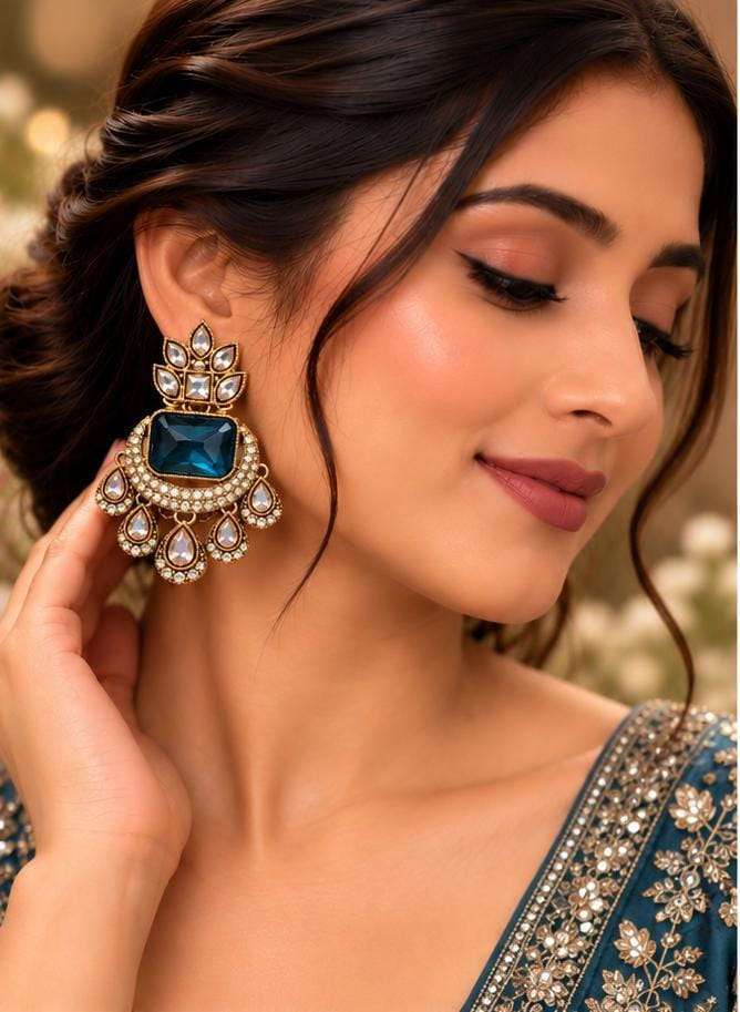 Emerald Royal Cushion-Cut Navy Blue Kundan Drop Earrings in Germany Namma Markt