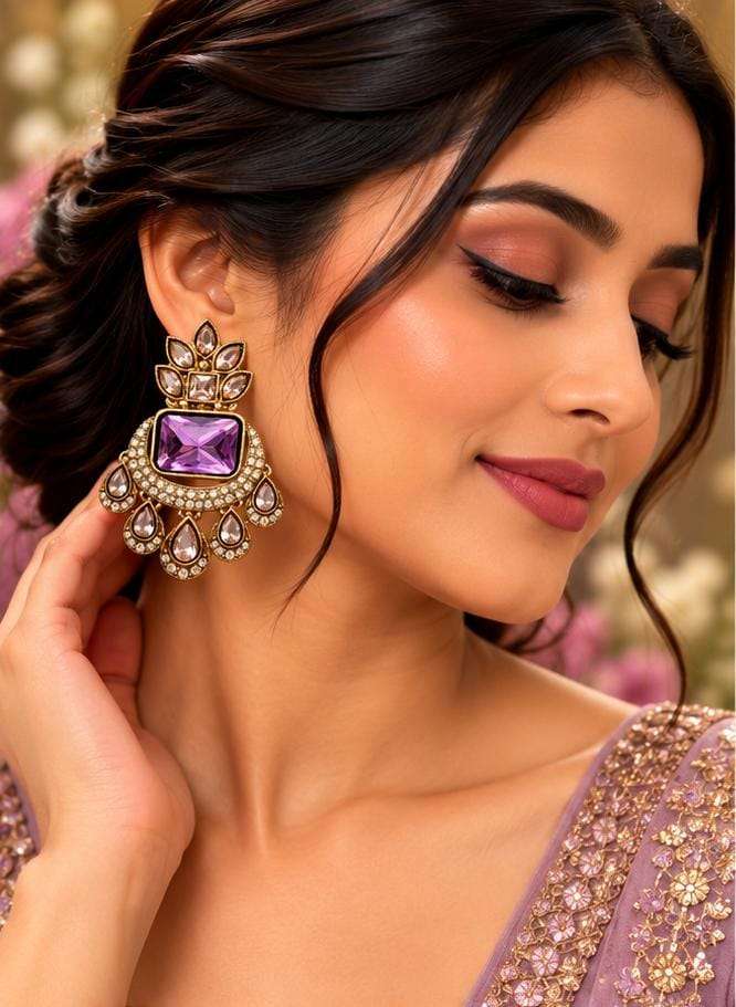 Emerald Royal Cushion-Cut Purple Kundan Drop Earrings