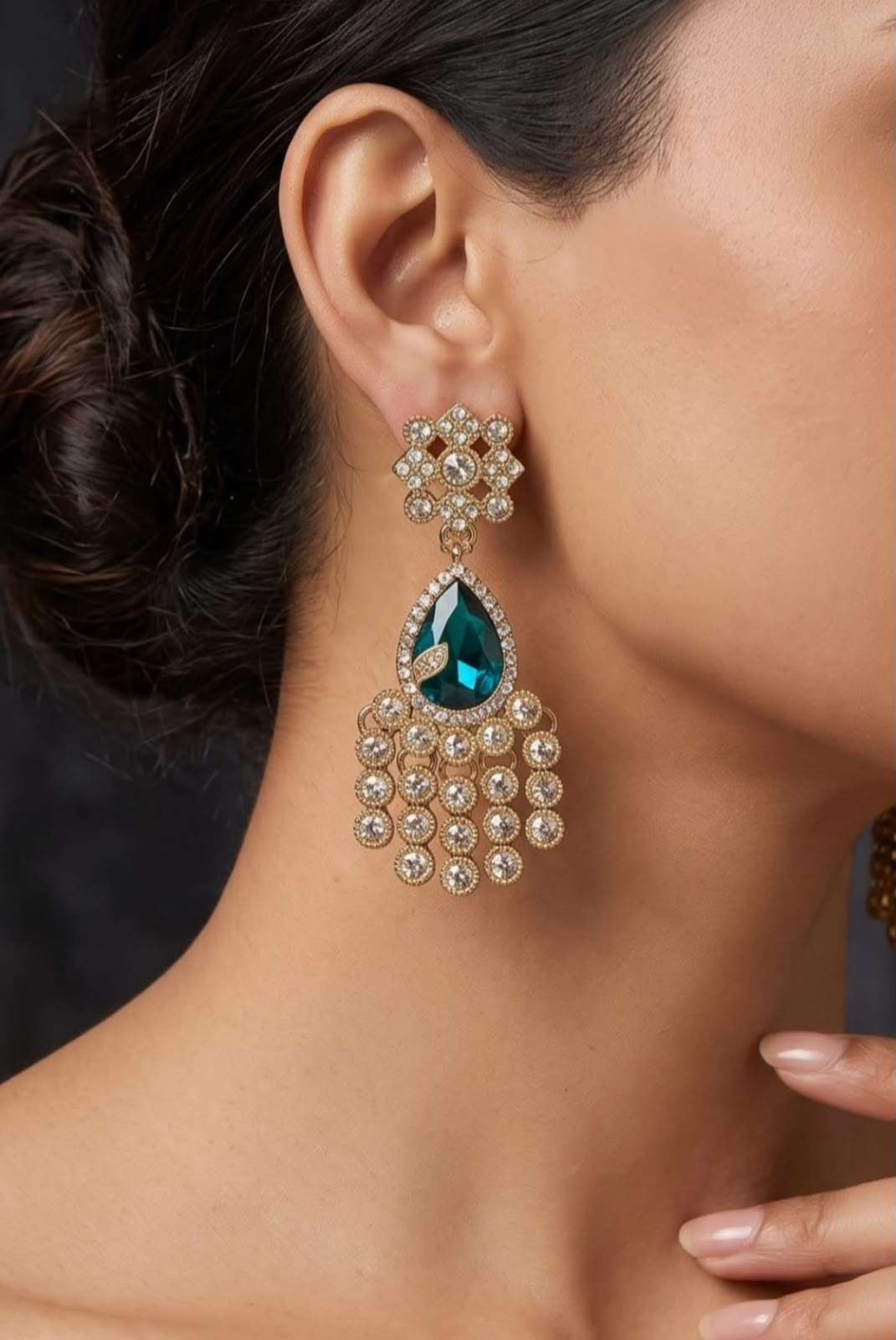 Teal Crystal Teardrop Chandelier Dangler Earrings in Antique Gold in Germany