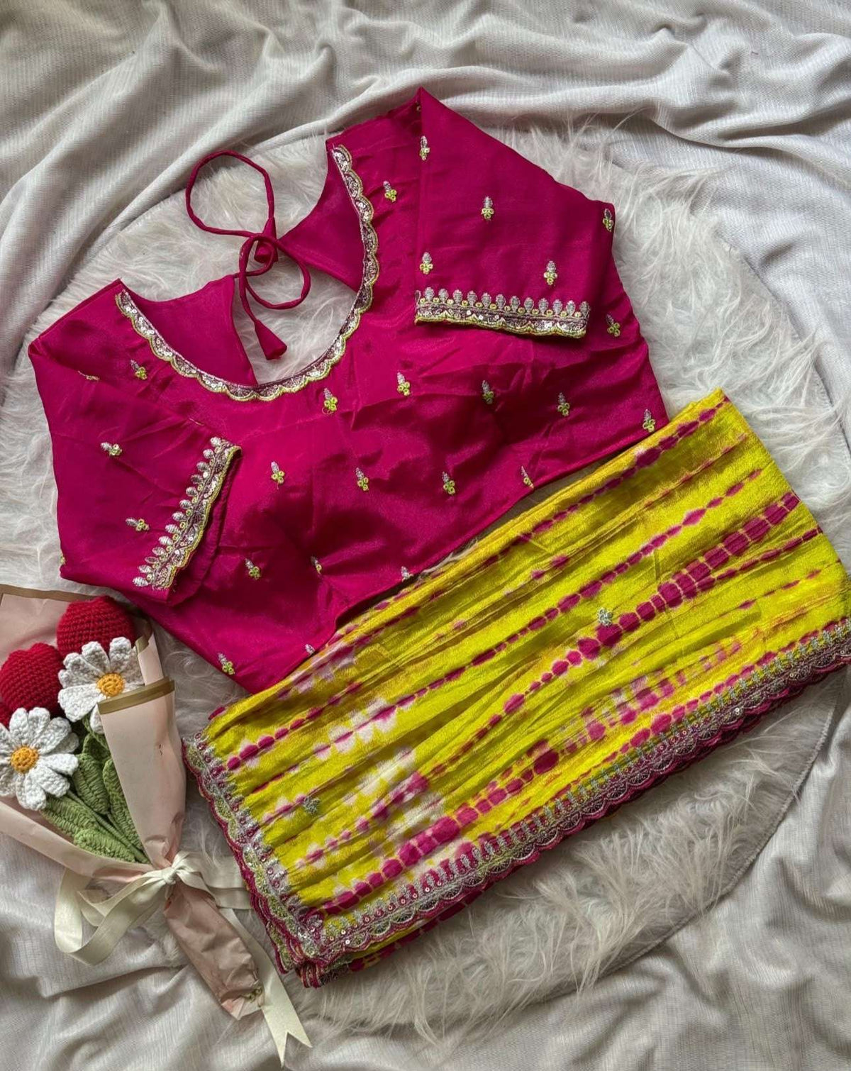 Soft chinnon shibori Tie & Die saree with stitched blouse in Berlin