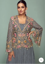Embroidered Chinon Silk Sharara Suit in Grey in Germany