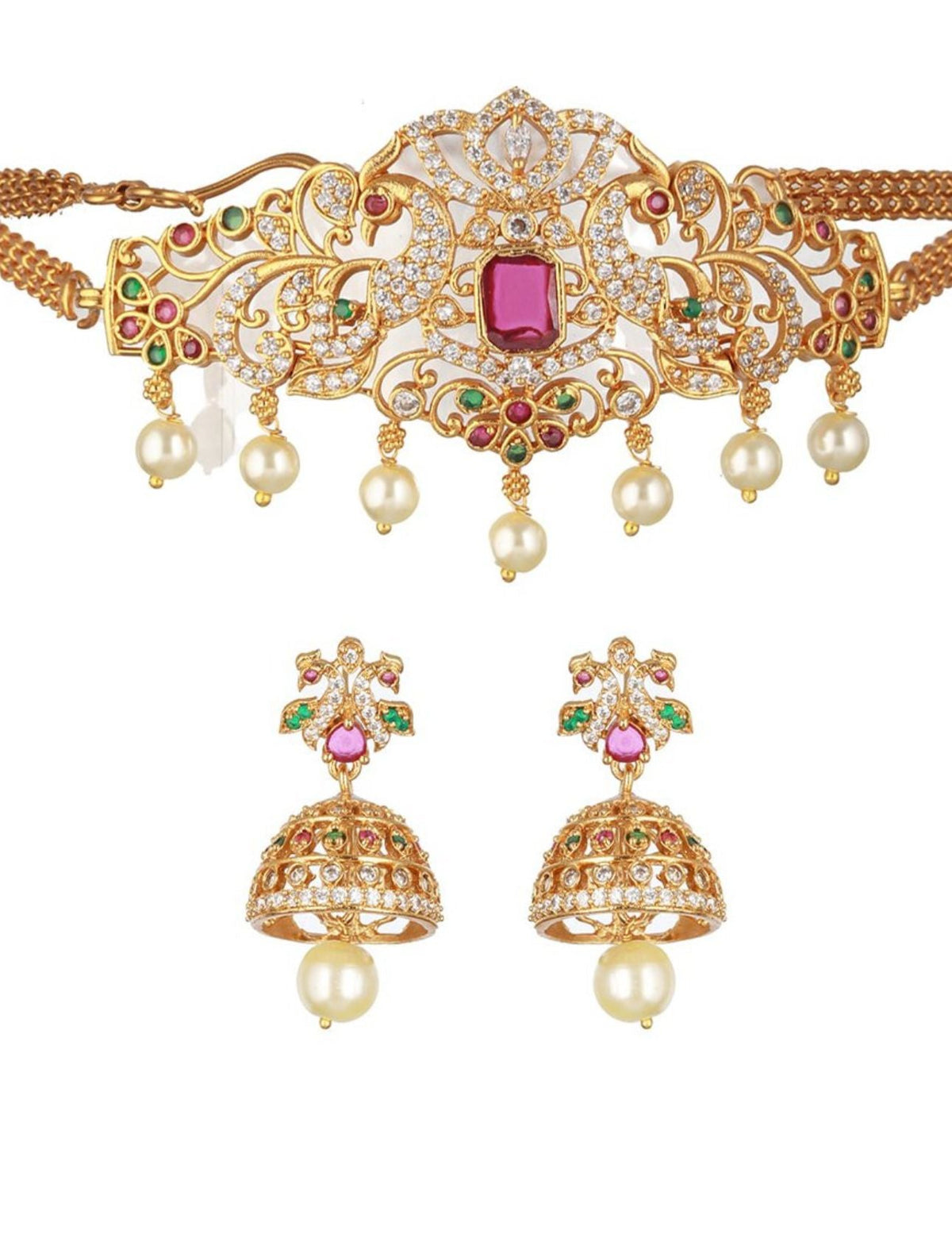 Gold-Plated AD Studded & Artificial Beaded Temple Jewellery Set in Berlin