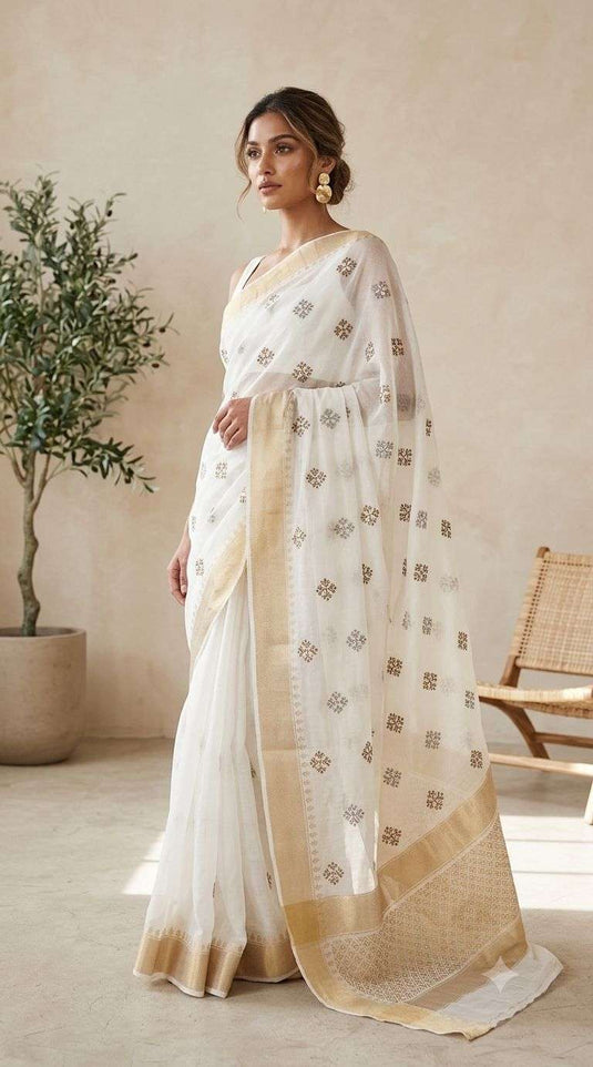 Elegant Ivory Cotton Saree with Gold Zari Border in Germany