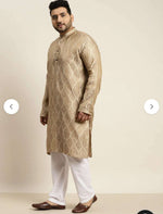 Men's Jacquard Silk Beige & Gold Kurta with Pyjama in Berlin Namma Markt