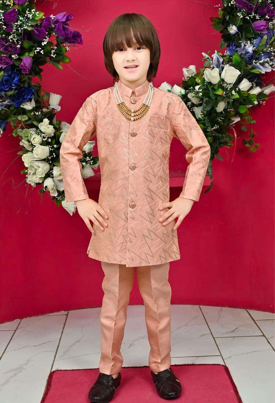 Kids Jacquard Sequined Sherwani and Pant with Mala in Berlin Namma Markt