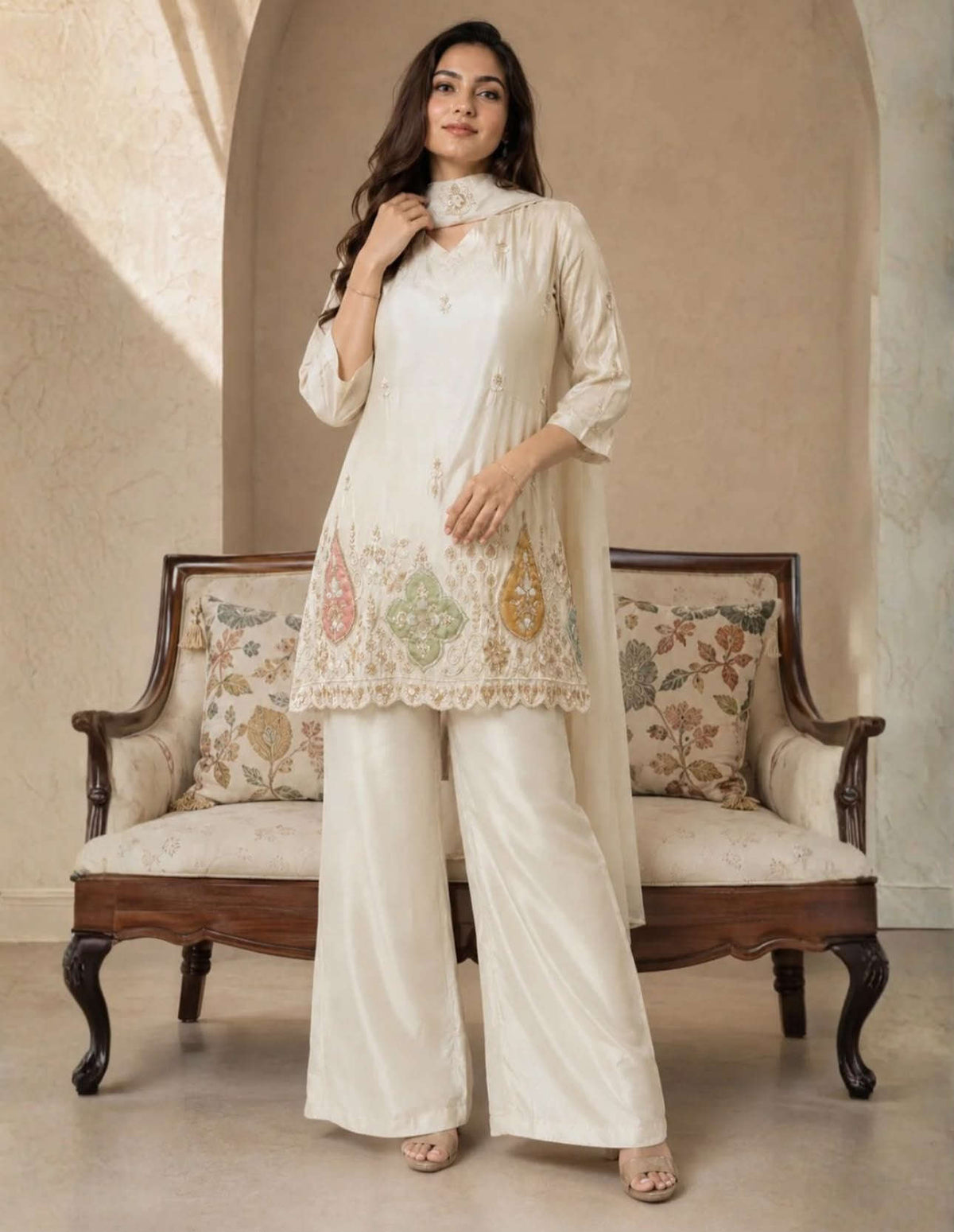 Creme Silk Embroidered Kurta Set with Straight Pants in Berlin