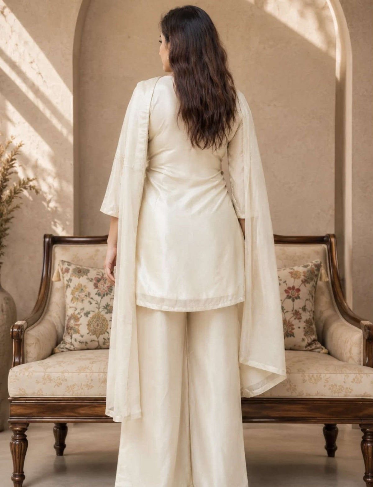 Creme Silk Embroidered Kurta Set with Straight Pants in Berlin