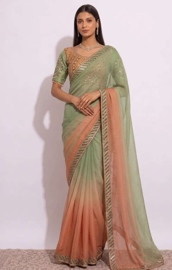 Olive Green & Ochre Beige Ombré Georgette Saree with Heavy Embroidered Designer stitched Blouse