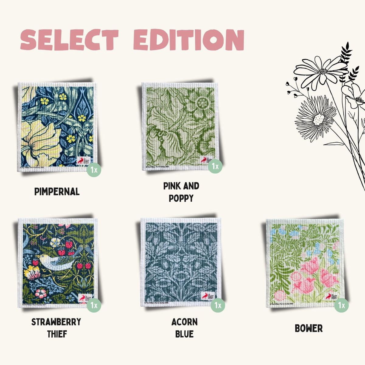 5x Art Spültücher bedruckt Set - William Morris Select Edition