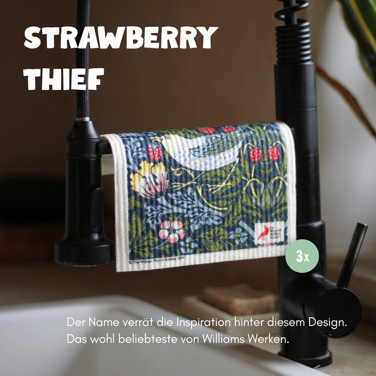3x Art Spültücher waschbar - Original William Morris Strawberry Thief