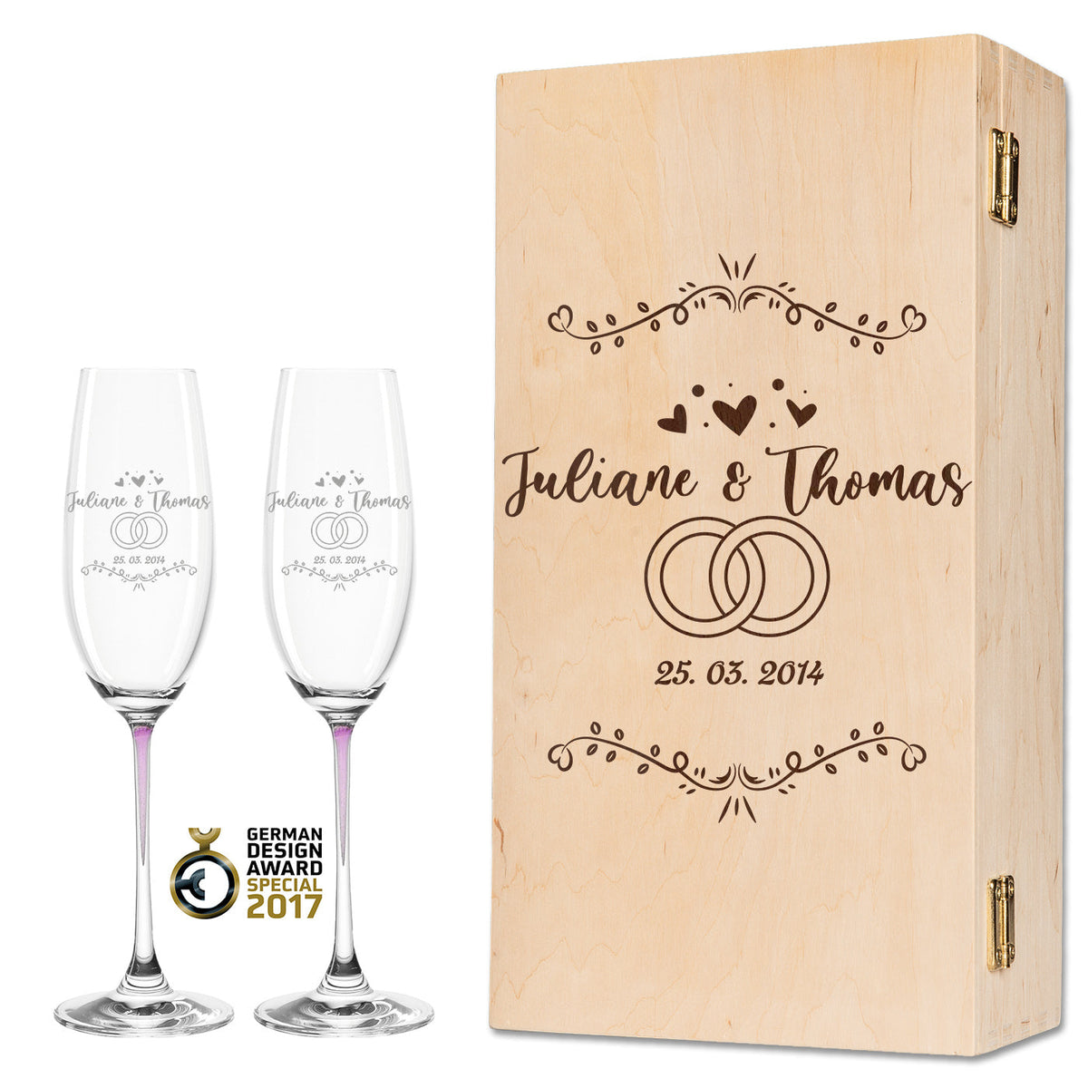 Stölzle Lausitz Sektgläser La Perla im exklusiven "Wedding Ornaments" Design als Set mit Holzkiste