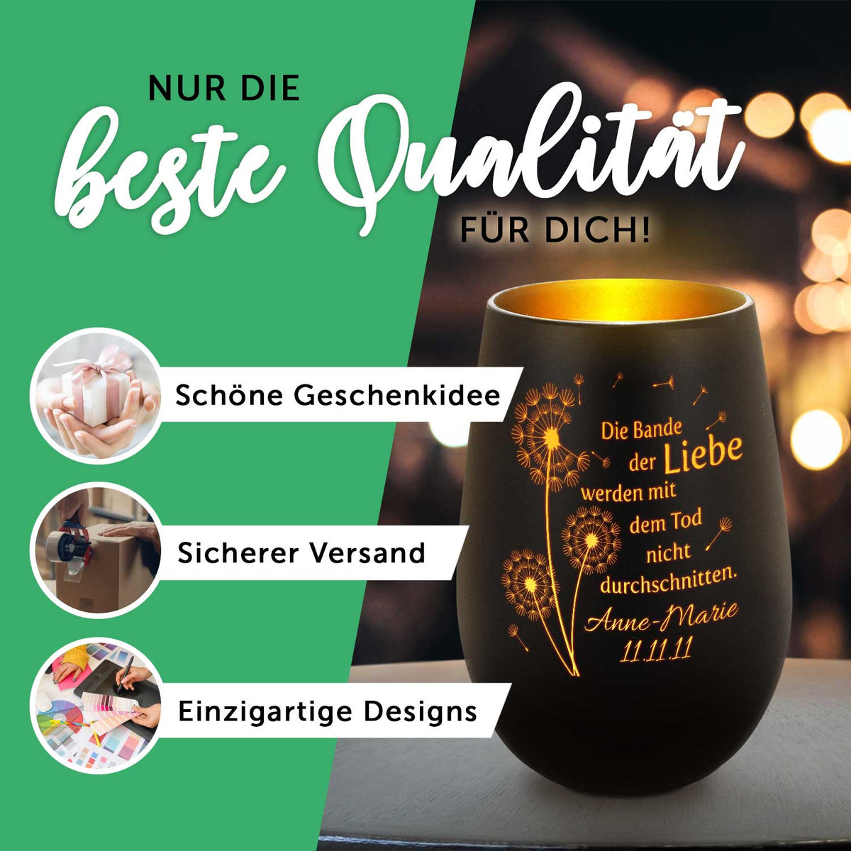 Deko Windlicht aus Glas mit Gravur - Pusteblumen - Personalisiert mit Namen & Datum