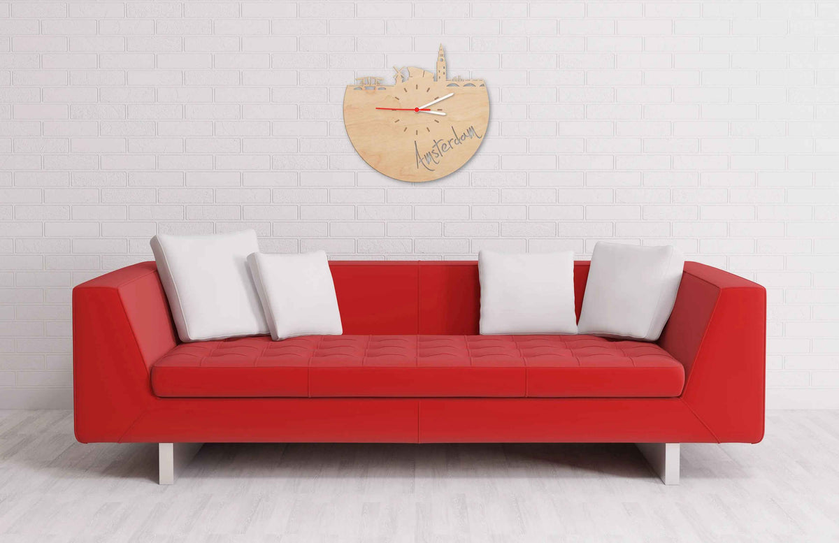 Wanduhr aus Holz Skyline Amsterdam