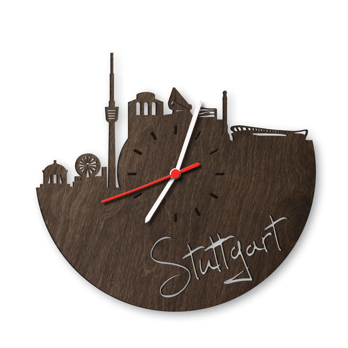Wanduhr aus Holz Skyline Stuttgart