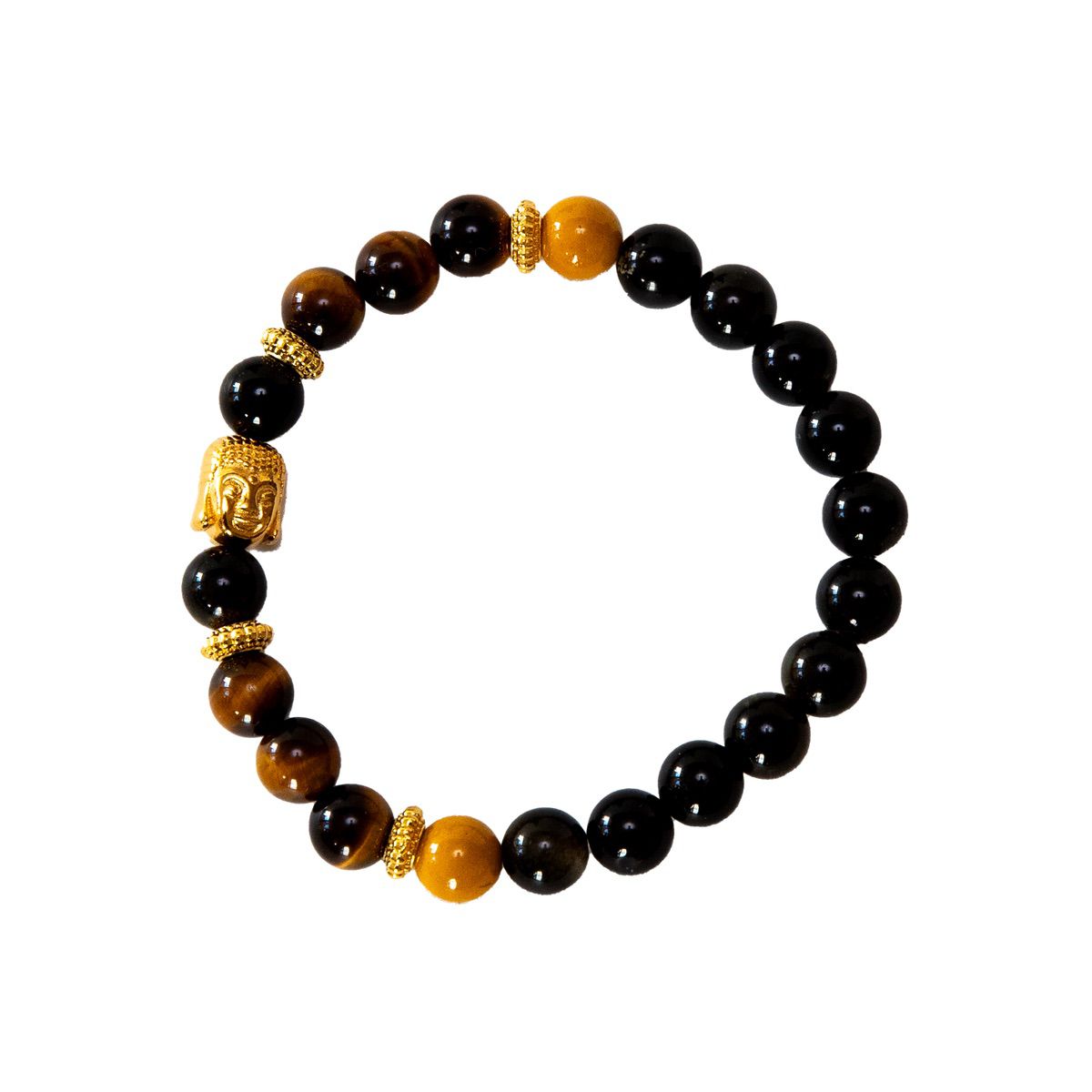 Buddha Armband aus Tigerauge & Obsidian mit vergoldetem Buddha-Kopf