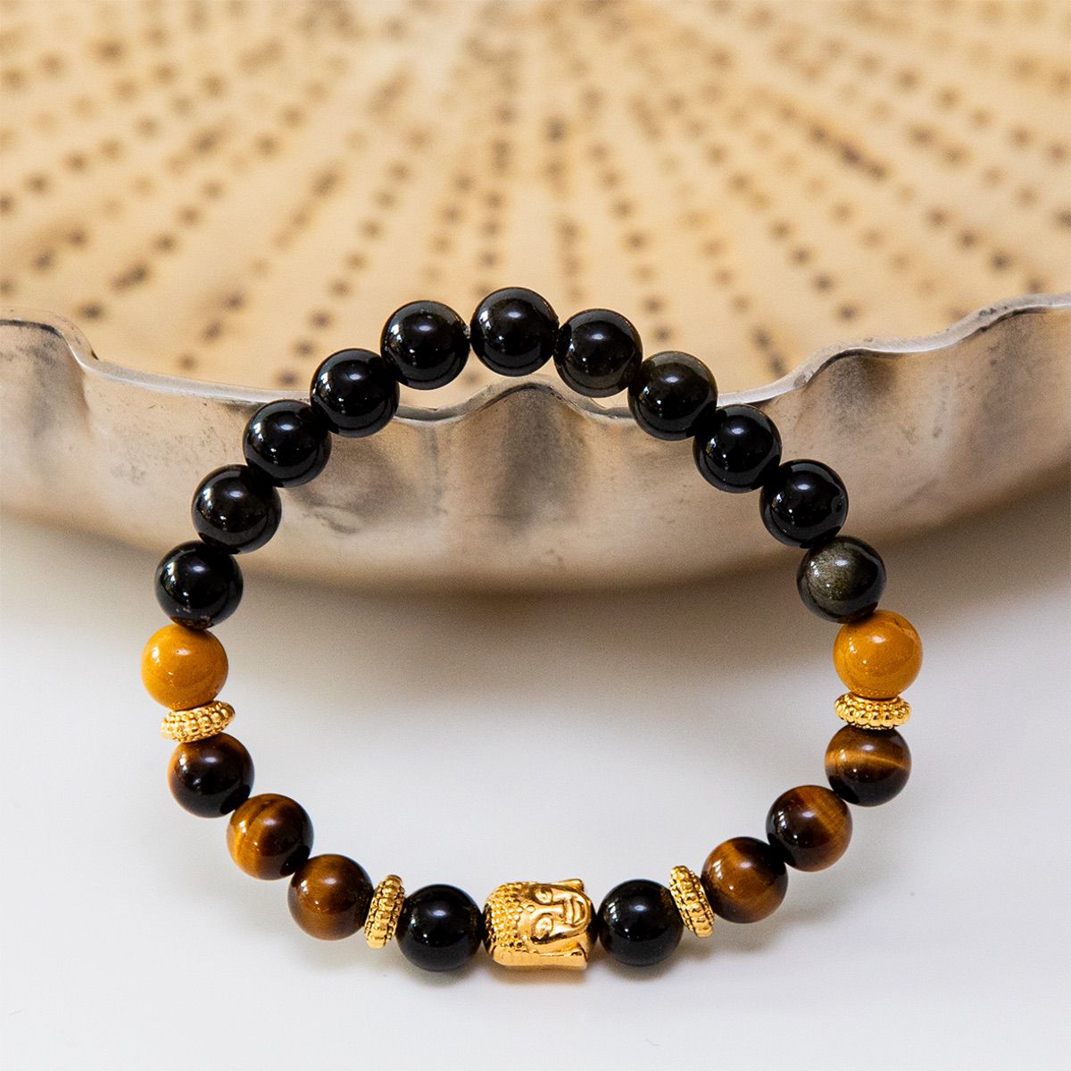 Buddha Armband aus Tigerauge & Obsidian mit vergoldetem Buddha-Kopf