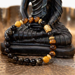 Buddha Armband aus Tigerauge & Obsidian mit vergoldetem Buddha-Kopf