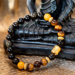 Buddha Armband aus Tigerauge & Obsidian mit vergoldetem Buddha-Kopf
