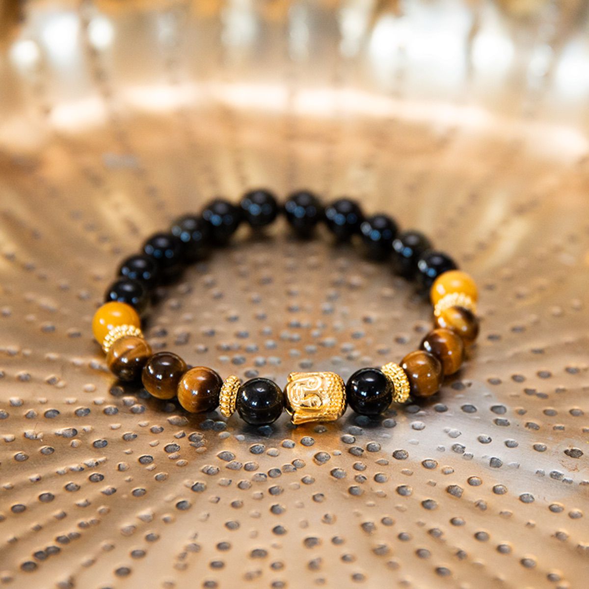 Buddha Armband aus Tigerauge & Obsidian mit vergoldetem Buddha-Kopf