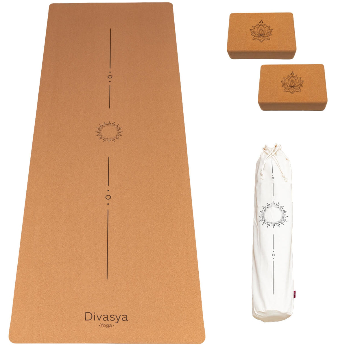Yoga Set STARTER: Kork Yogamatte mit 2x Yogablock, Tragegurt, Schutzhülle