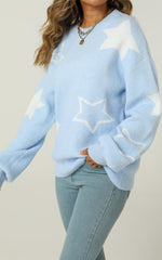 Relaxed Soft Comfy White Star Pattern Jumper Top In Blue