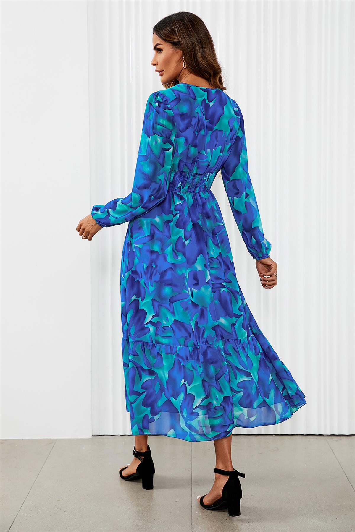 Floral Print Long Sleeve Maxi Dress In Blue