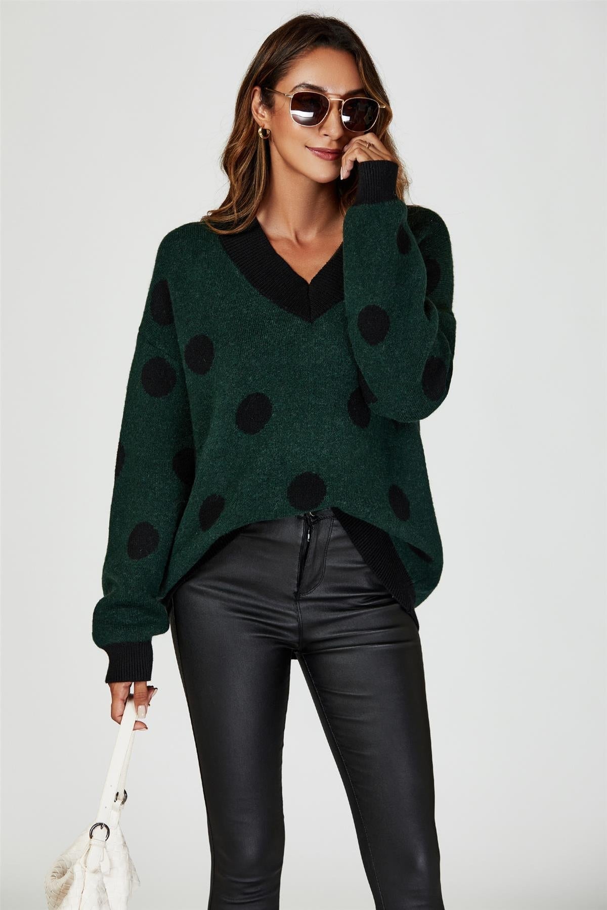Wool Blended V Neck Jumper In Green & Black Polka Dot