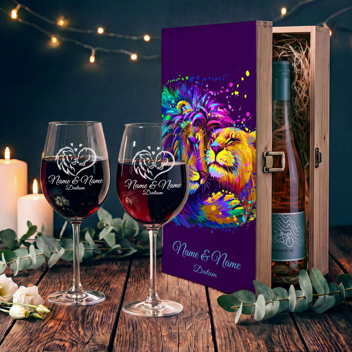Stölzle Lausitz Weingläser mit Gravur im "Lion Love" Design als Set inkl. bedruckter Holzkiste