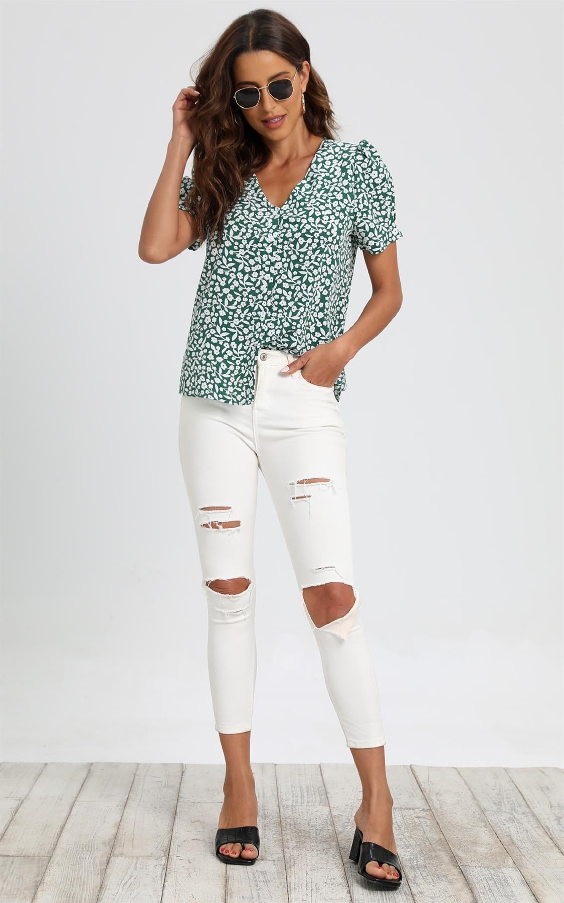 Short Sleeve Buttoned Blouse Top In Green & White Flora  Print