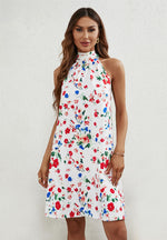 Floral Print Halter Neck Tie Back Mini Dress In White