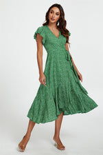 Little Floral Frill Sleeve Midi Wrap Dress In Green
