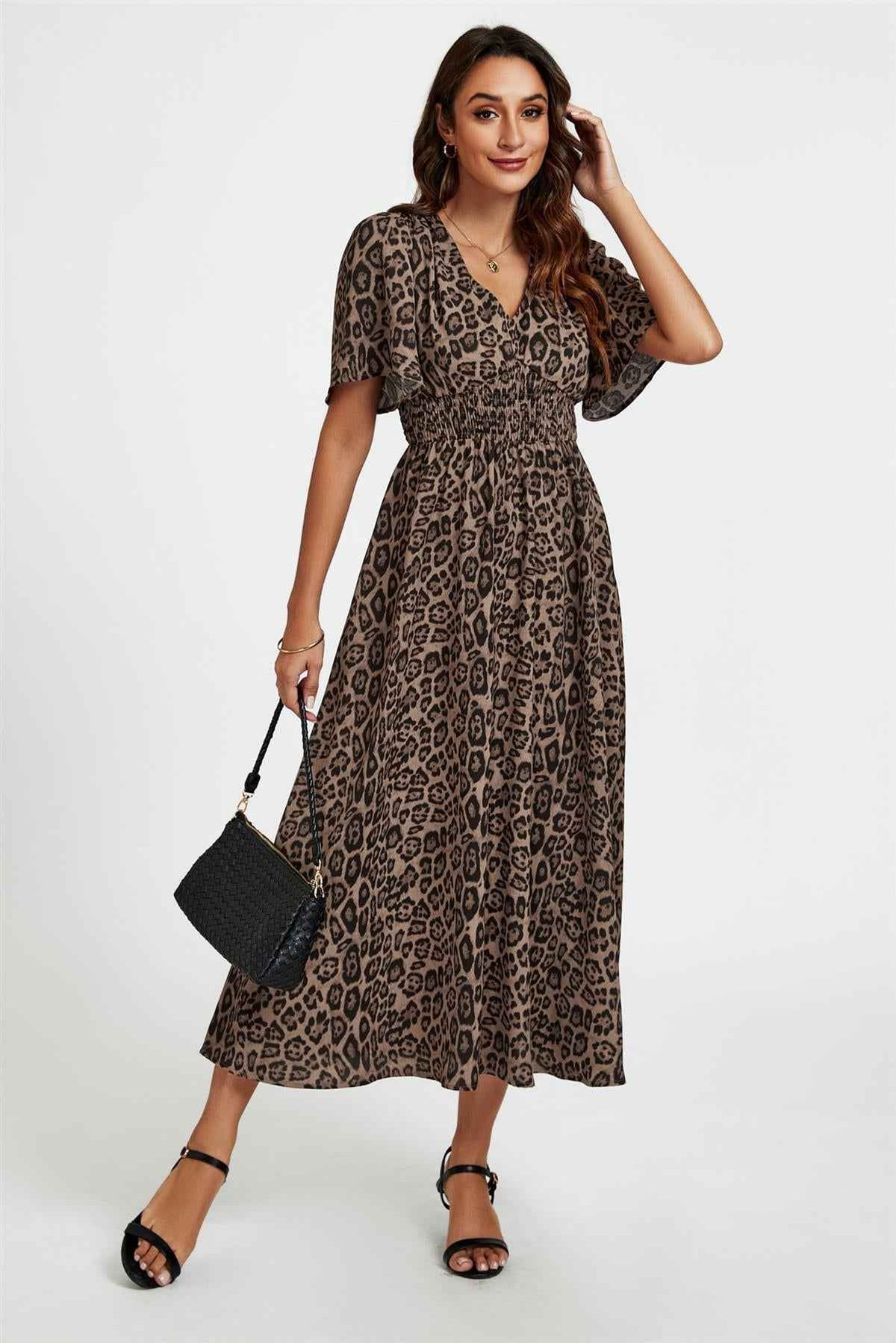 Leopard Print V Neck Midi Dress In Brown
