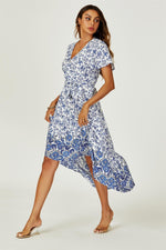 Floral Border Print Hem Tiered Midi Dress In White