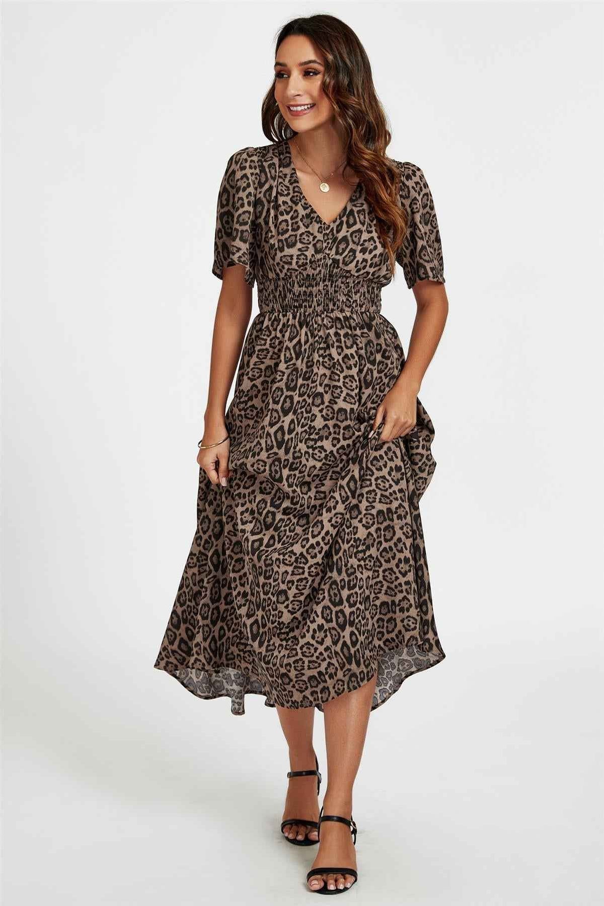 Leopard Print V Neck Midi Dress In Brown