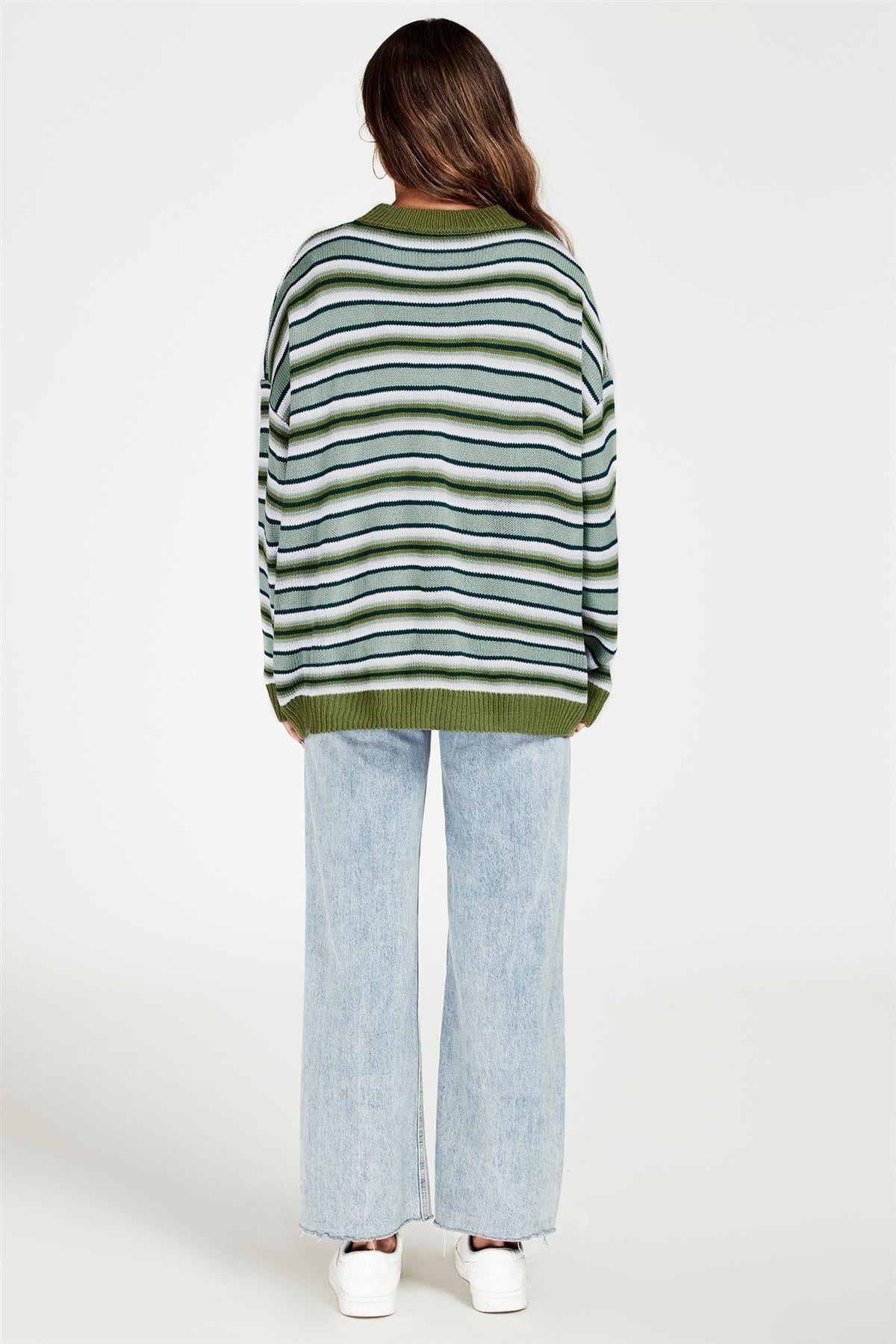 Stripe Block Relaxed Knit Jumper Top In Green