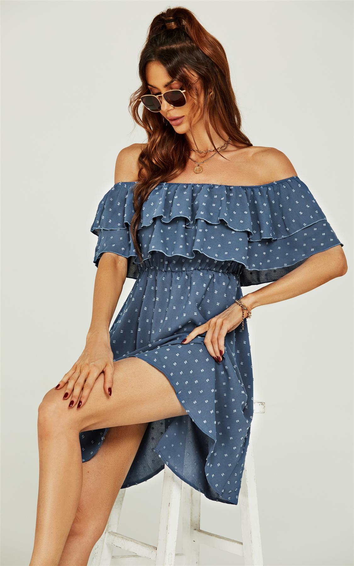 Bardot Frill Mini Dress In Blue