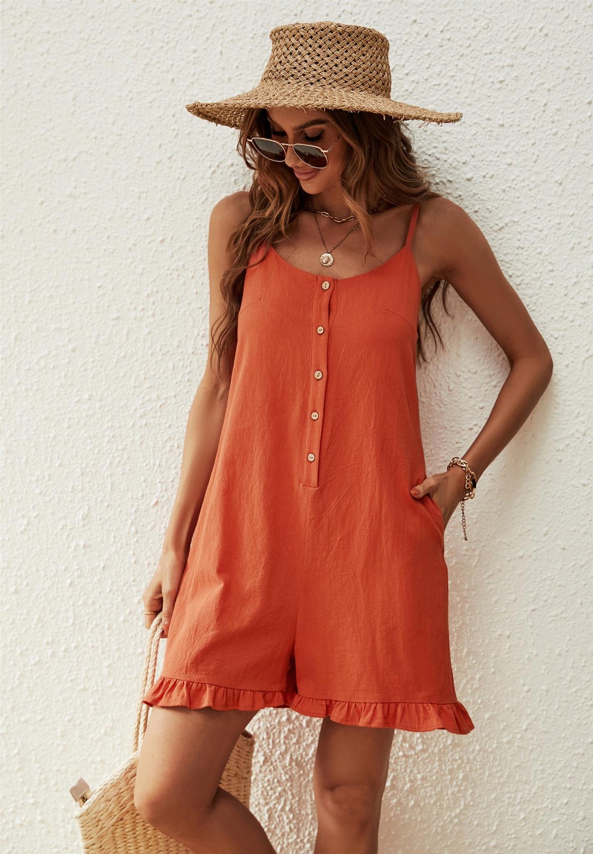 Summer Playsuit With Frill Detail In Orange