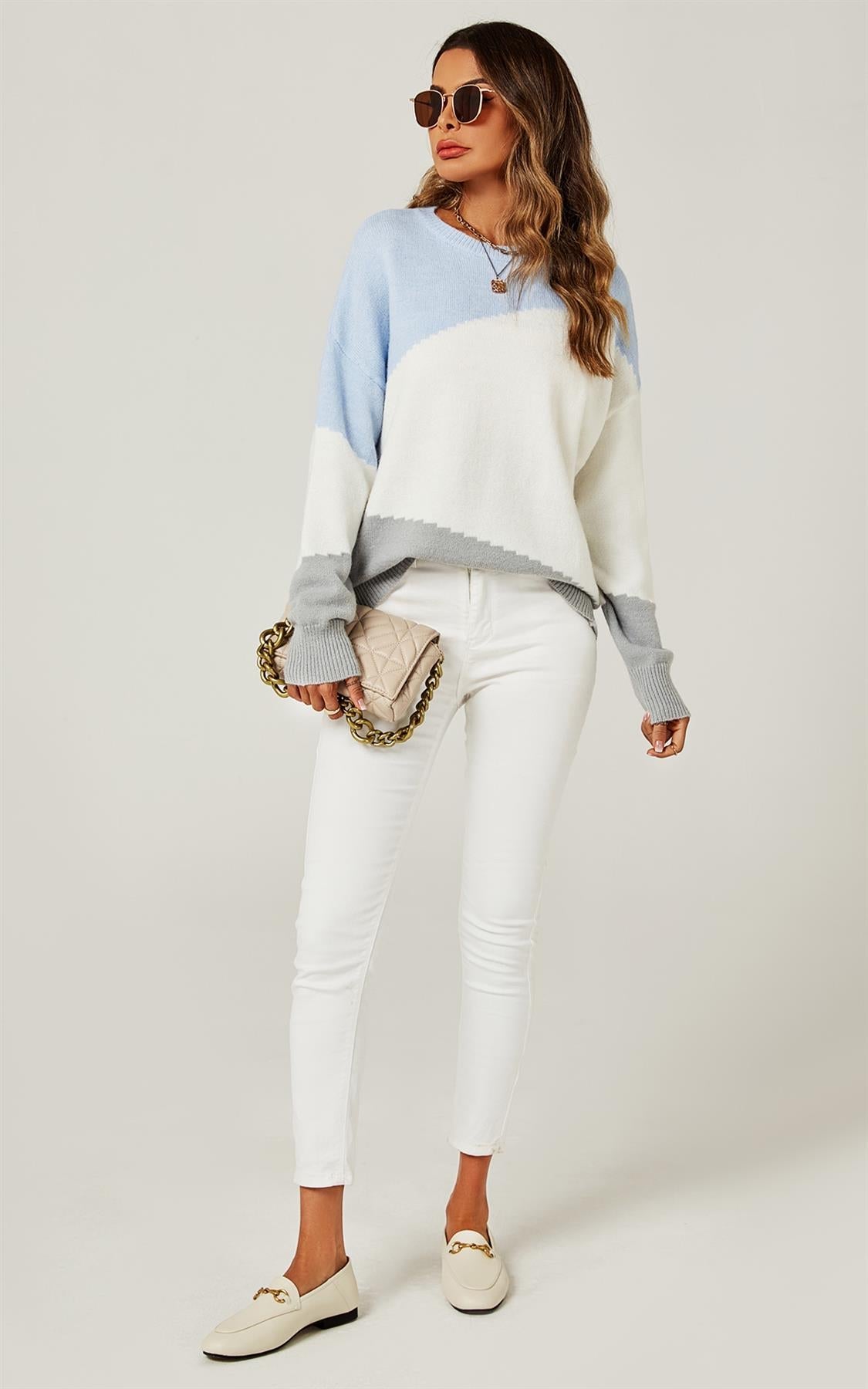 Relaxed Grey & White Block Colour Jumper Top In Blue