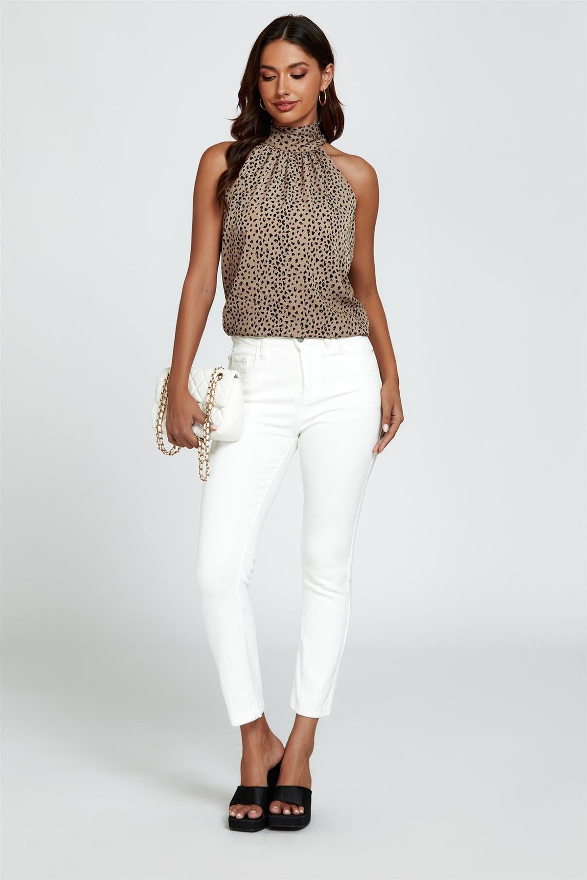 Leopard Print Halter Neck Tie Back Top In Beige