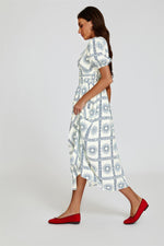 Geo Print Midi V neckline Dress In White