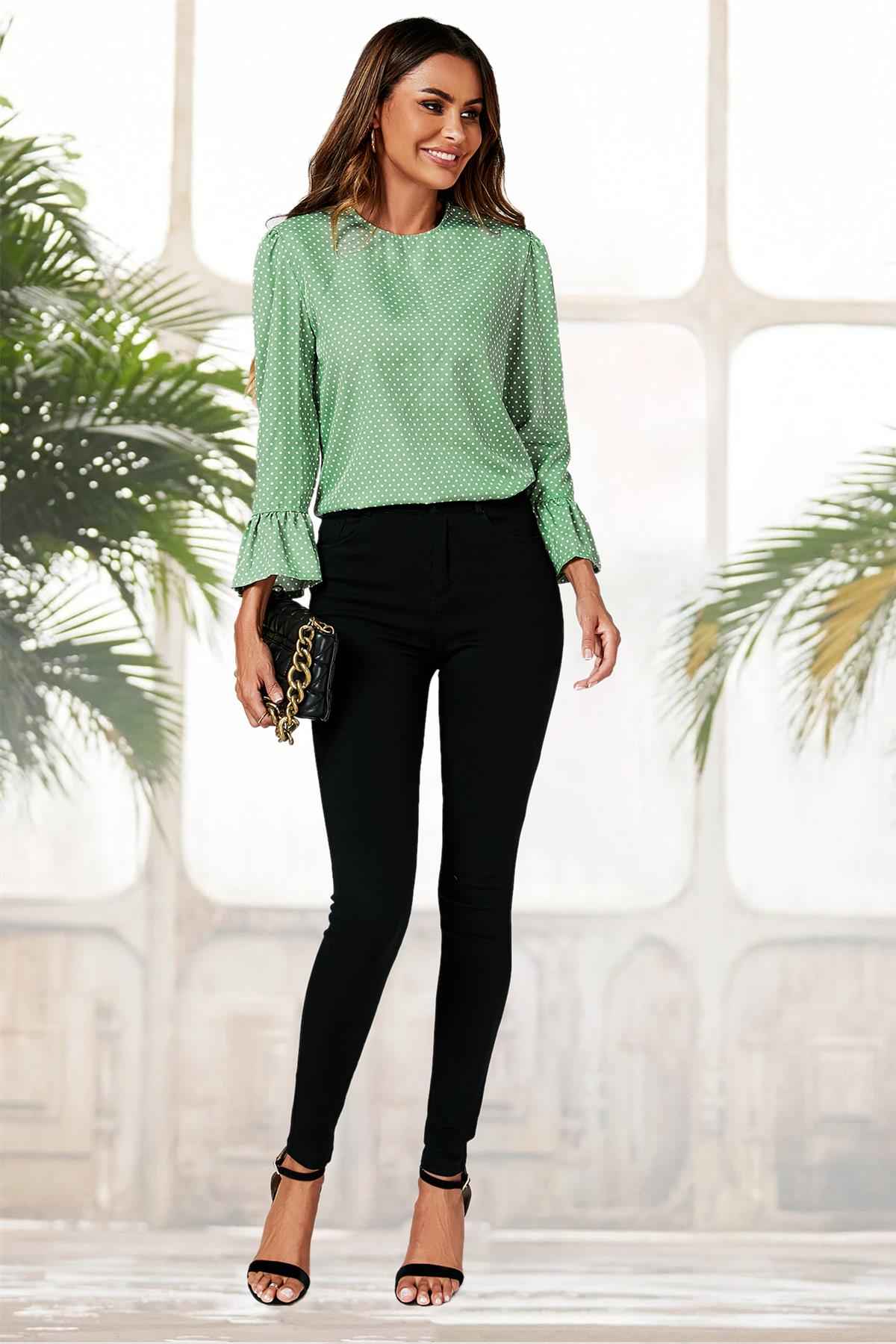 Polka Dot Print Frill Detail Cuff Top In Green