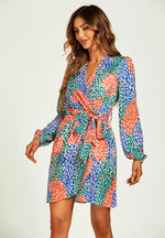 Leopard Print Wrap Mini Dress In Blue