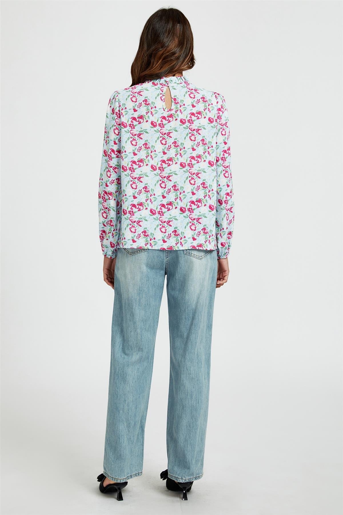 Floral Print Frill Detail High Neck Top In Blue & Pink