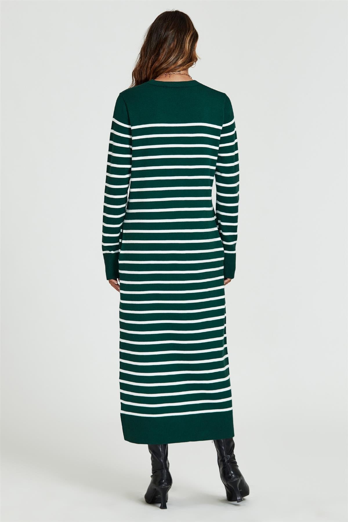 Stripe Pattern Knitted Tunic Jumper Dress In Dark Green