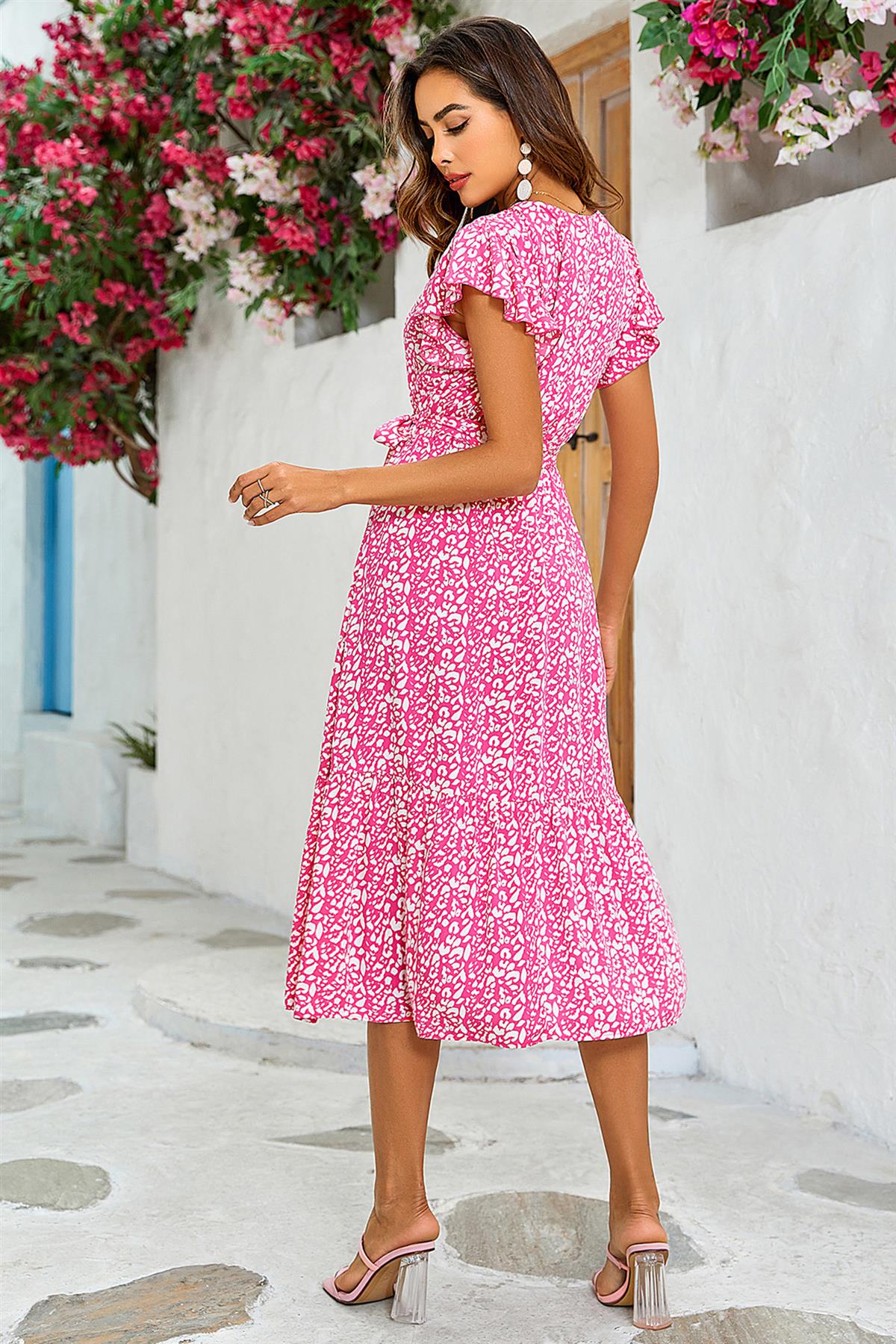 Leopard Print Wrap Dress In Fuchsia Pink