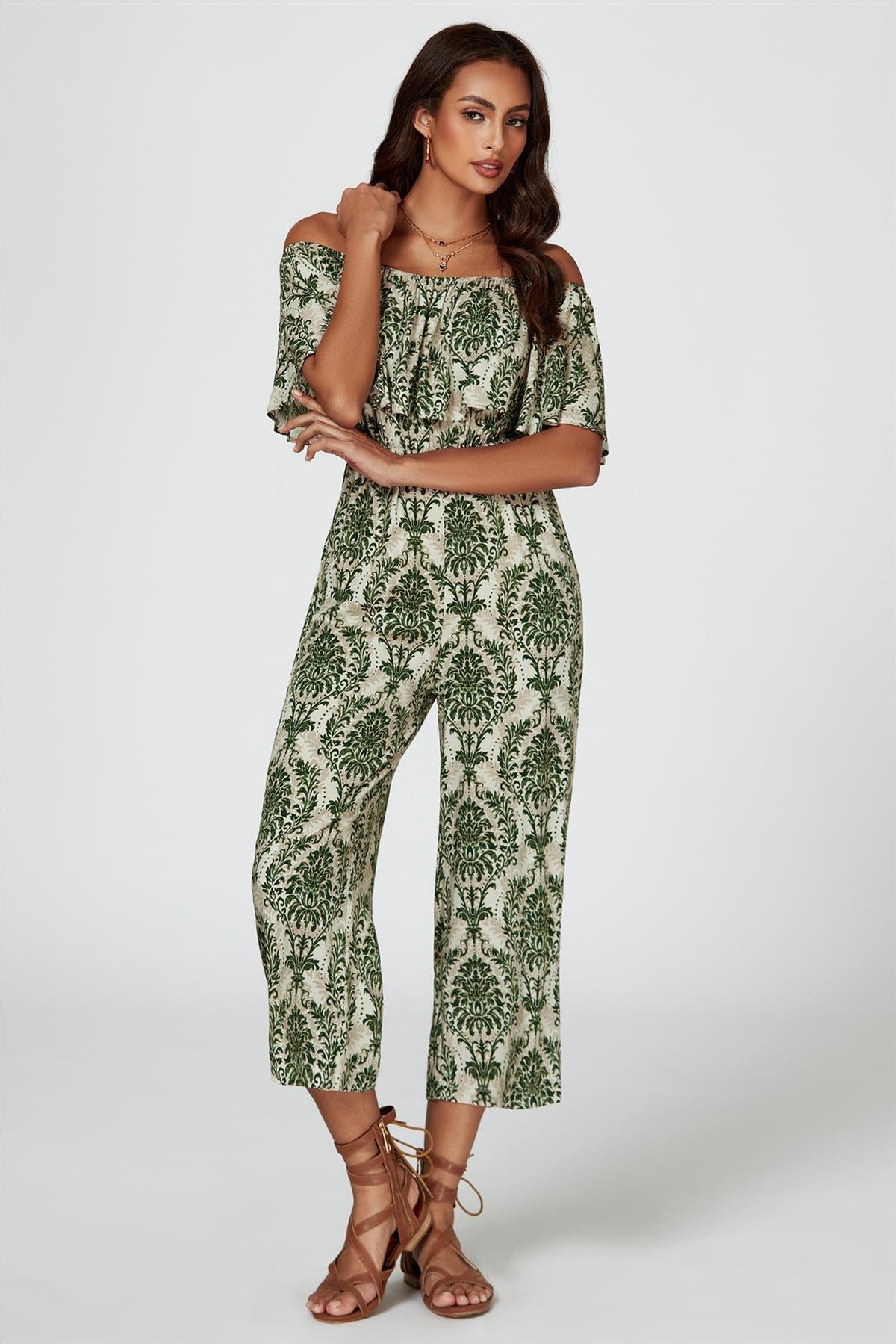Off The Shoulder Print Frill Jumpsuit In Green
