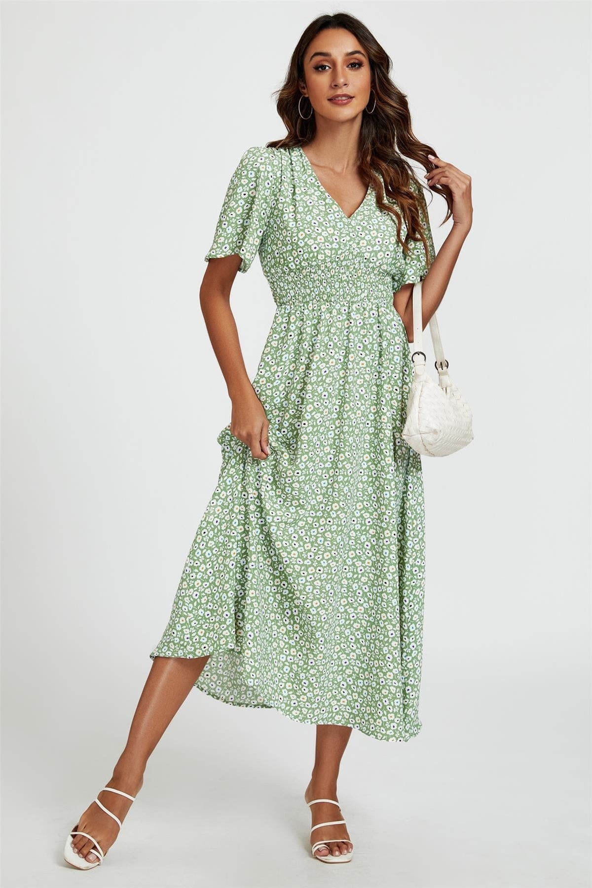 Multi Floral Print V Neck Midi Dress In Green