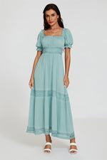 Lace Detail Bardot Maxi Dress In Blue