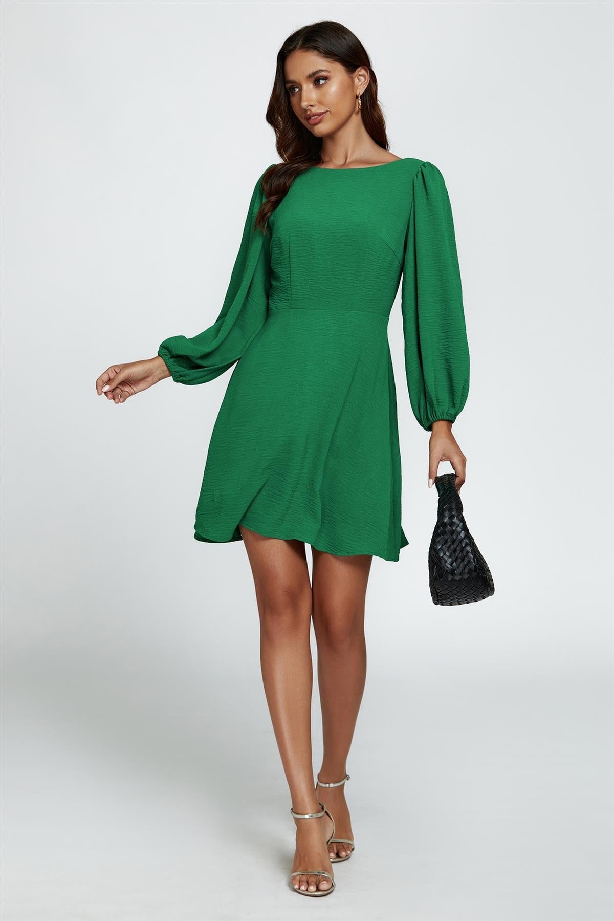 Back V Neck Mini Dress In Green